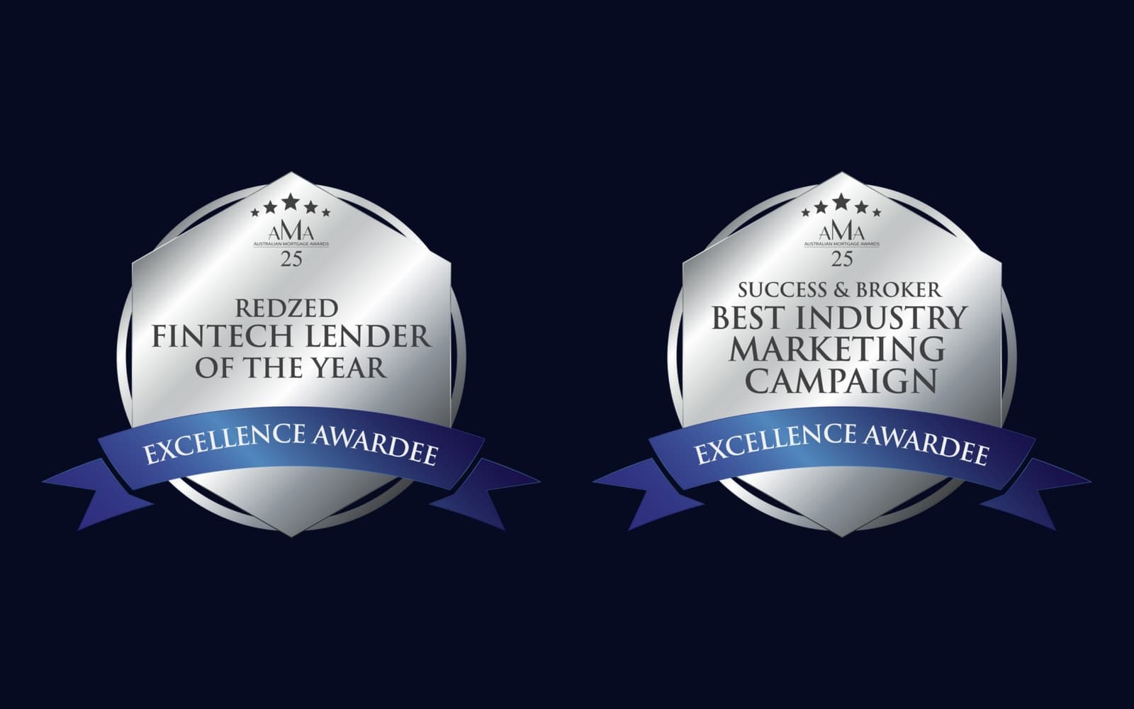 The Australian Mortgage Awards 2025 Excellence Awardee medals for RedZed Fintech Lender of the Year and Success & Broker Best Industry Marketing Campaign