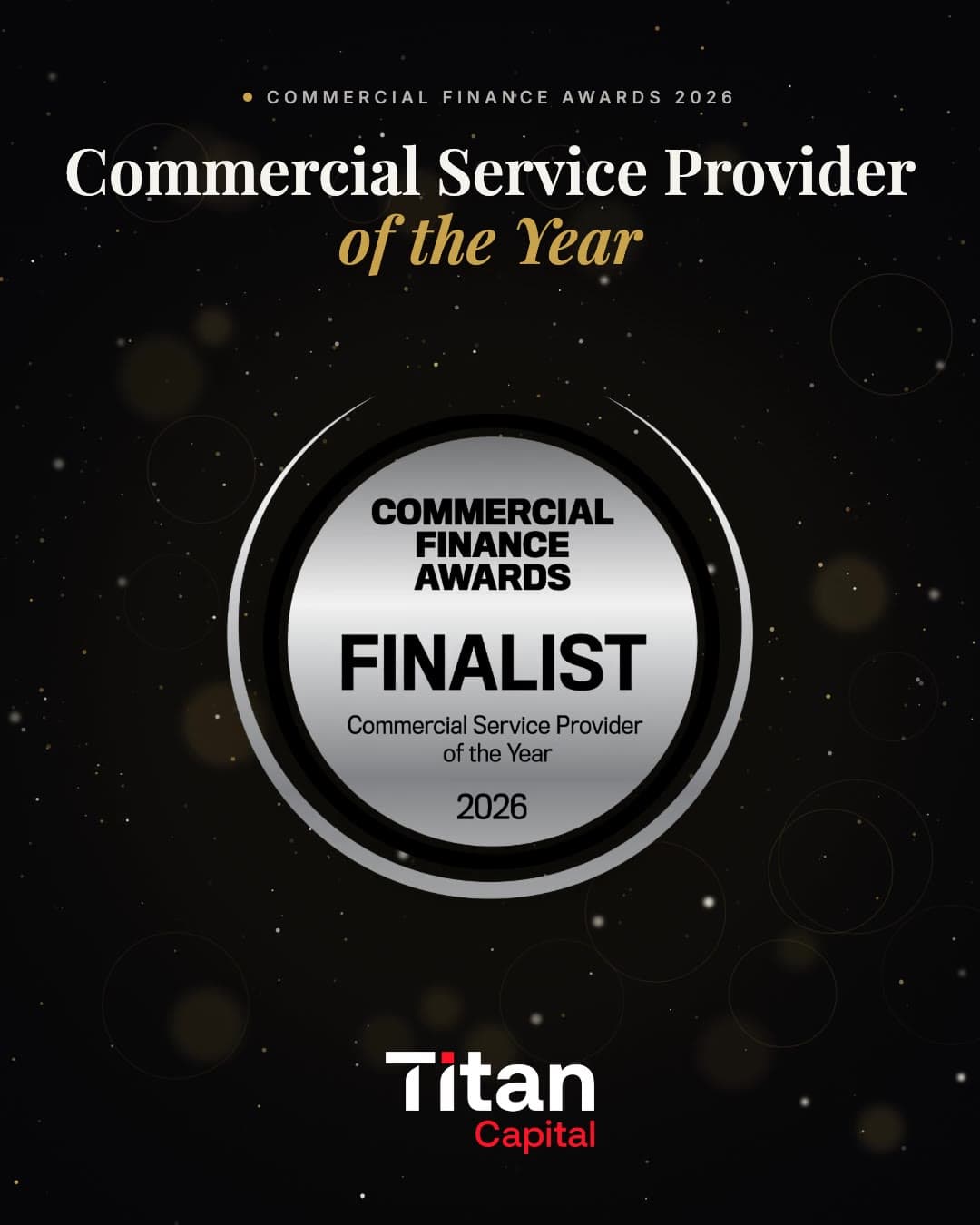 The Commercial Finance Awards 2026 Finalist seal for Commercial Service Provider of the Year