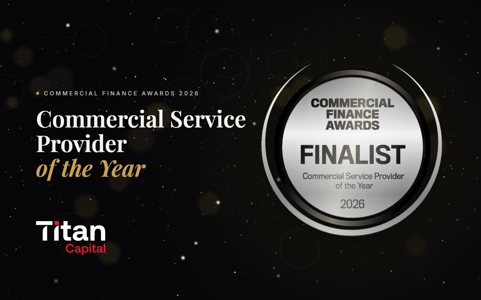 The Commercial Finance Awards 2026 Finalist seal for Commercial Service Provider of the Year
