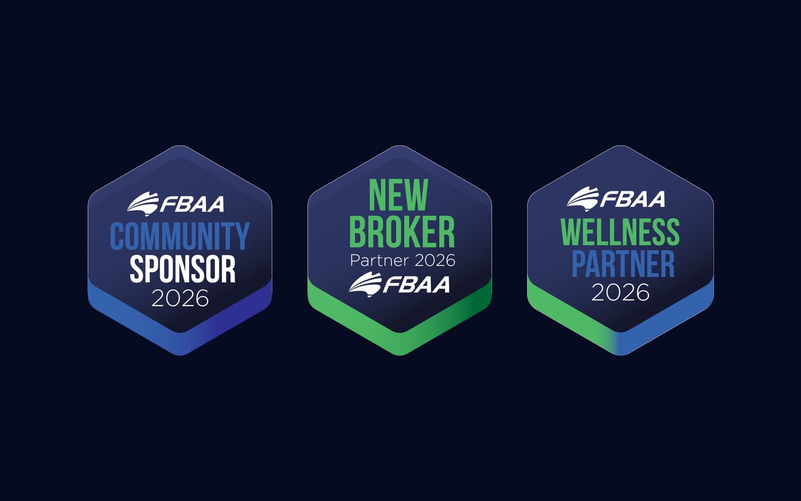 The FBAA 2026 Community Sponsor, New Broker Partner and Wellness Partner seals